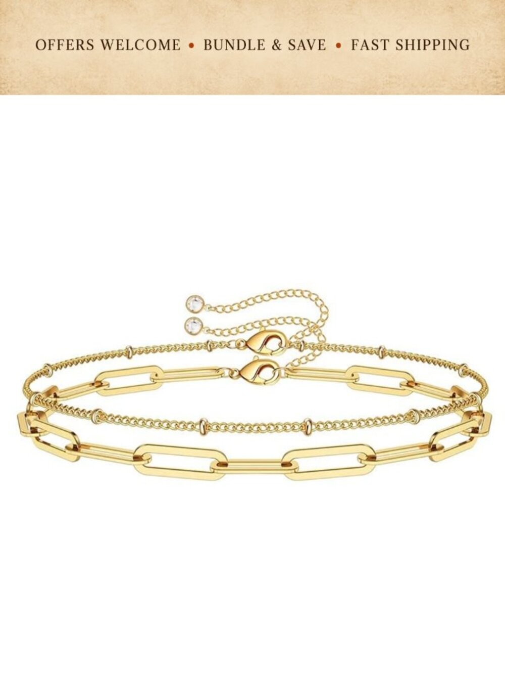 Gold Plated Bracelet Set with Paperclip Link & Thin Chain Stackable